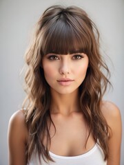Naklejka premium Portrait of beautiful women, full bangs hair, tshirt model posing in white background, 