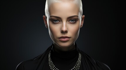bald caucasian woman on black background, alopecia concept.