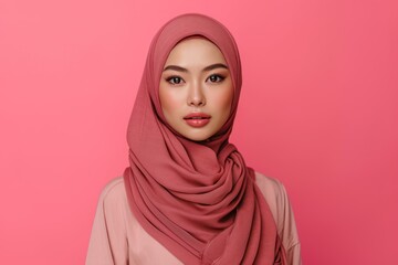 Asian muslim woman isolated in solid color studio background