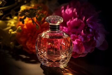  closed book with a colorful dust jacket sits on a wooden table next to a glass perfume bottle and a crystal vase filled with pink roses