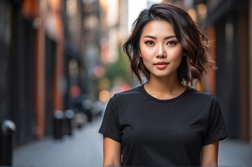 Young athletic asian woman wearing black blank mockup tshirt on a blurred urban background