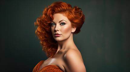 Fototapeta premium Beauty portrait of red-haired beautiful woman on studio background With copy space. Art hairstyle.