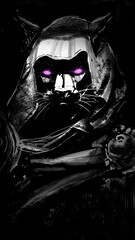 An ominous portrait of beastmen, half cat, panther, half man with glowing purple eyes, he hides in the shadows under the hood. 2d graphics comic art
