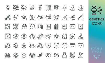 Genetics isolated icons set. Set of genes, DNA structure, chromosomes, genetic engineering, test tubes, GMO products, virus, cells, microscope, science lab vector icon with editable stroke - obrazy, fototapety, plakaty