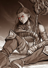 A beautiful traveler girl with an axe, long hair in leather armor sits on the sand, her hands in bandages, red eyes looking into the distance. She is tired and annoyed, lost. 2d anime art