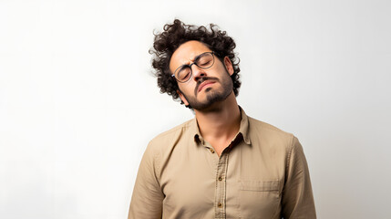 Fototapeta premium a young man with glasses feeling sleepy and tired, bending his neck, isolated on white background.