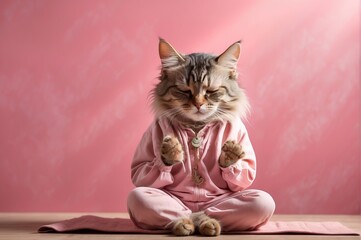 Yoga cat master ,close eyes,floating in the air,in pink background,vintage,shadow,pastel moods