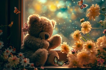 Teddy bear sitting on a windowsill with a butterfly resting on its paw both framed against a backdrop of blooming flowers creating a picturesque display of nature and play