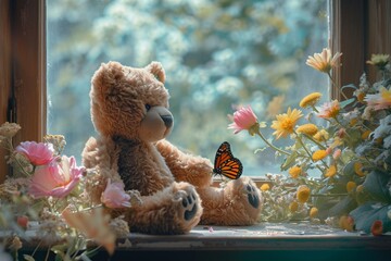 Teddy bear sitting on a windowsill with a butterfly resting on its paw both framed against a...