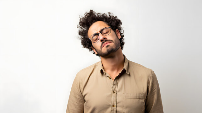 a young man with glasses feeling sleepy and tired, bending his neck, isolated on white background.