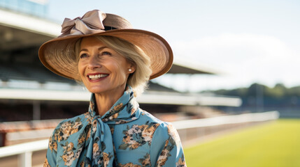 Lady wearing fancy hat arrive at Racecourse.