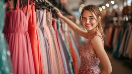 Smiling girl trying on prom dresses in clothing store. Dress rental for various occasions and events. - obrazy, fototapety, plakaty
