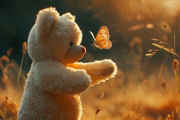 Teddy bear with outstretched arms as a butterfly lands on one paw capturing a moment of delightful...