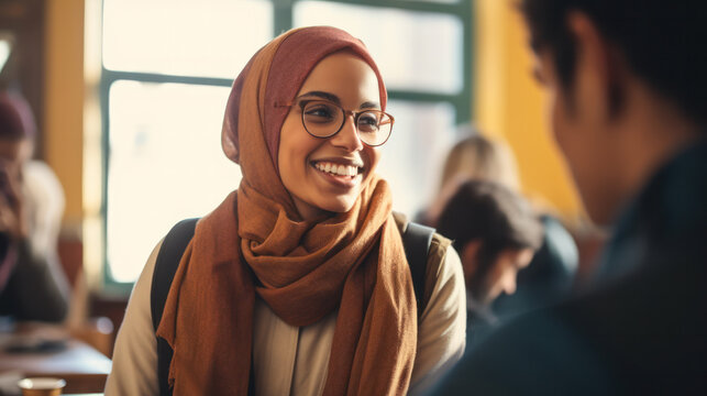 modern Muslim college girl in classroom