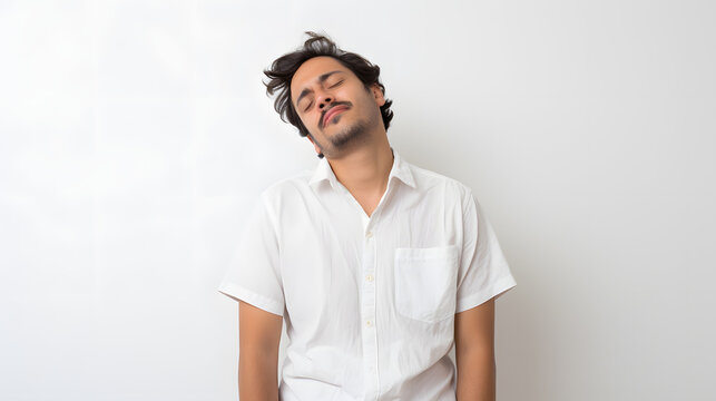 a young man is sleepy and tired with his eyes closed over a white background