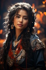 Photo Realistic of an Asian Musician Woman in a Fusion of Traditional and Contemporary Attire, Generative AI
