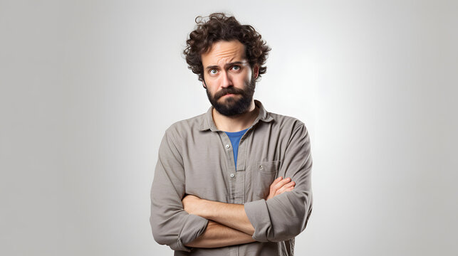 angry upset man with beard and crossed arms in a gray background