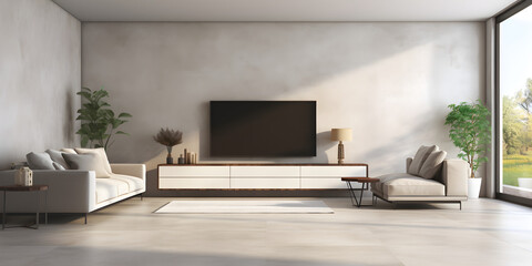 Modern apartment interior in living ,3d Rendering Of Smart Tv Mockup Hung On Modern Luxurious Concrete Wall.