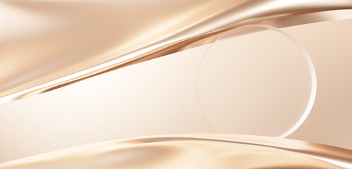 輝くベージュの布と円形のガラス。コピースペース。3D（横長）