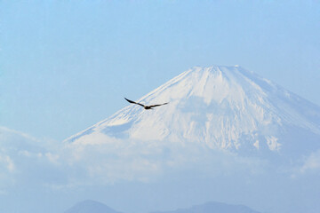 日本神奈川県、世界的な日本を代表する山、冬季の富士山を湘南海岸から眺望