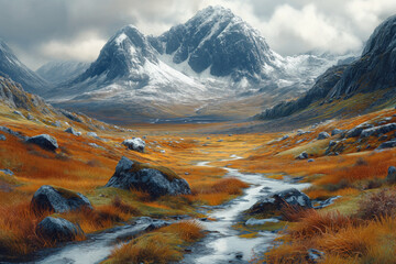 frozen river in autumn mountain valley with a mountain range in the distance - obrazy, fototapety, plakaty