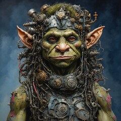 Obraz premium In a mesmerizing watercolor painting, a strikingly imaginative dieselpunk avant-garde troll emerges, commanding attention with its innovative demeanor.