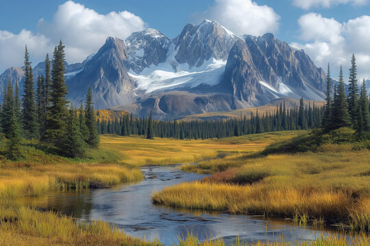 river in a mountain valley with a mountain range in the distance
