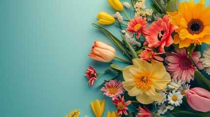 Spring Blooms with Blank Space: Overhead shot of a vibrant spring floral arrangement on a pastel background