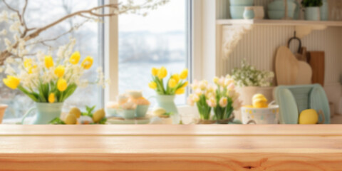 Light empty board against the background of a blurred light spring kitchen with tulips in a Scandinavian style.Ready for product montage.Easter time.Mockup