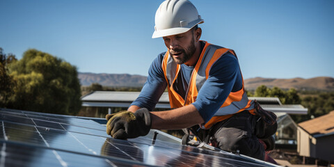 Worker mount solar panels on the roof. Concept of alternative and renewable energy.