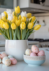 Colored Easter eggs, a vase with tulips on the table against the background of a beautiful light kitchen in Scandinavian style. Easter background, card, wallpaper