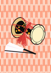 Traditional Japanese Illustration｜伝統的なイラスト|
鼓と扇子｜背景あり