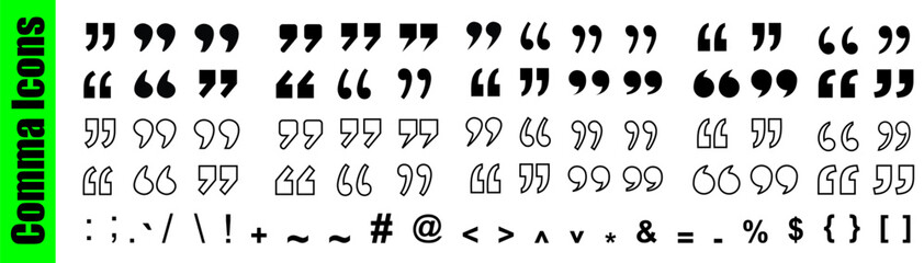 Double Comma Signs of Quote Icons. Set of Quotation Mark Line and Silhouette Icon. Quotation Signs on White Background. Punctuation Symbol of Speech. Isolated Vector Illustration