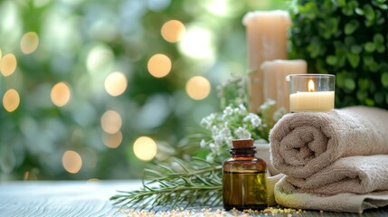 Fototapeta na wymiar Tranquil Spa Scene with Blank Space: A spa-themed image featuring candles, essential oils, and a towel, leaving a serene space for wellness quotes, spa promotions, or brand messaging.
