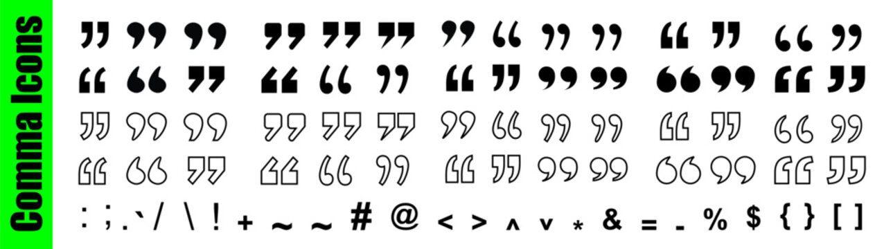 Double Comma Signs of Quote Icons. Set of Quotation Mark Line and Silhouette Icon. Quotation Signs on White Background. Punctuation Symbol of Speech. Isolated Vector Illustration