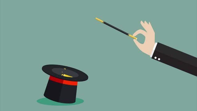 Businessman conjure cylinder magic hat with champion cup motion. 4k video animated