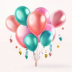 Color full glossy balloons on birthday card background Shiny pink, white, silver and golden balloons on white silver Card for happy events for example birthday mother day or Valentine's Day.
