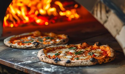 A pizza cooking in a wood-fired oven, flames licking the edges.