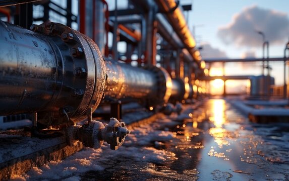 Industrial zone, Steel pipelines and equipment in blue tones at sunset