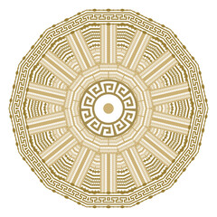 Freek key meanders round tribal ethnic golden mandala pattern on white background. Radial ornamental decorative circle vector mandala design with frame, border. Isolated. Ornate texture