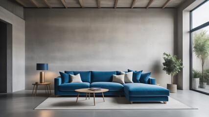Modern interior of living room with blue sofa, concrete stucco wall with arch door, home design