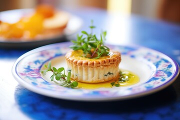 camembert baked in pastry, on a plate with a sprig of mint