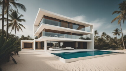 Modern villa on a tropical sand beach among palm trees