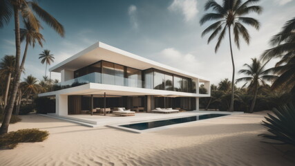 Fototapeta na wymiar Modern villa on a tropical sand beach among palm trees