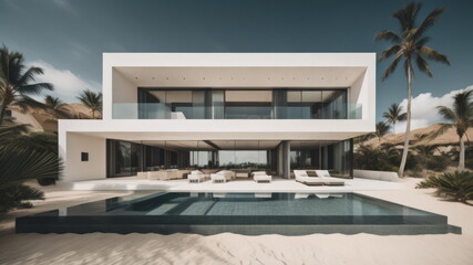 Modern villa on a tropical sand beach among palm trees