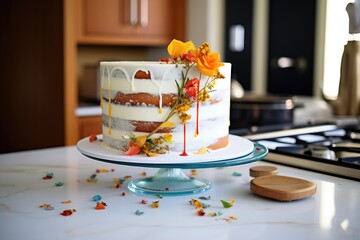 layered cake with a smooth frosting on a turntable