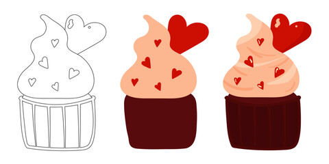 Coloring book with cupcake and hearts. Three cupcake options in lines, in color, and the final version. Coloring book for children's creativity. Valentine's Day and wedding