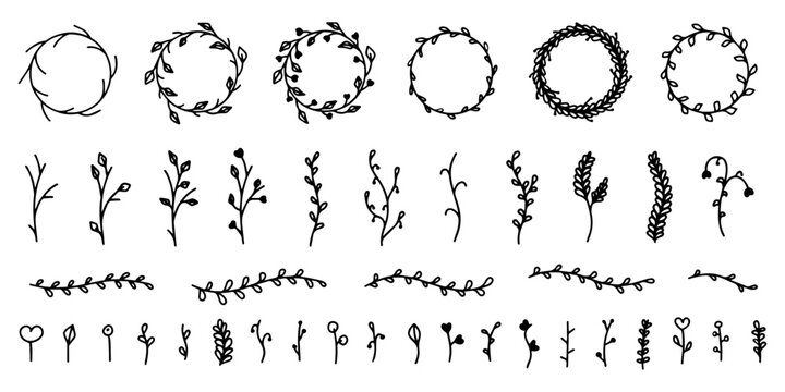 Set of floral elements twigs, leaves, stems, buds, berries. Decorative floral elements round frames and dividing decorative lines. Floral spring and summer elements in the doodle style
