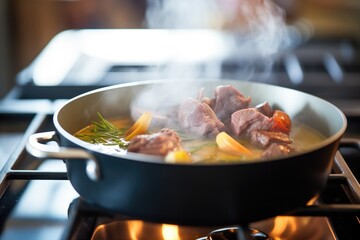 beef stew simmering on a stovetop, flames underneath
