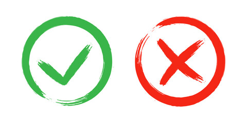 Dirty grunge cross x and tick OK check marks in check boxes, hand drawn with brush strokes vector illustration.